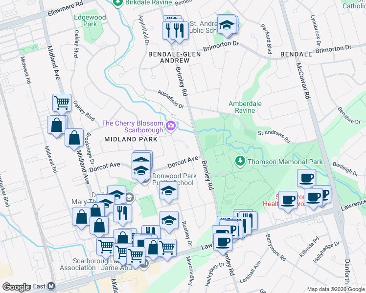 map of restaurants, bars, coffee shops, grocery stores, and more near in Toronto
