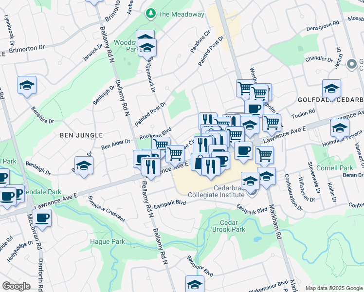 map of restaurants, bars, coffee shops, grocery stores, and more near 45 Greenbrae Circuit in Toronto