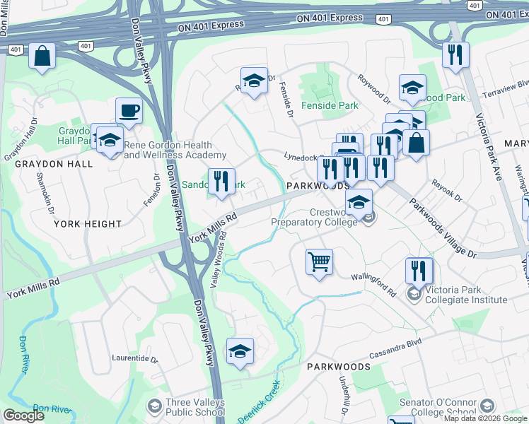 map of restaurants, bars, coffee shops, grocery stores, and more near 1225 York Mills Road in Toronto