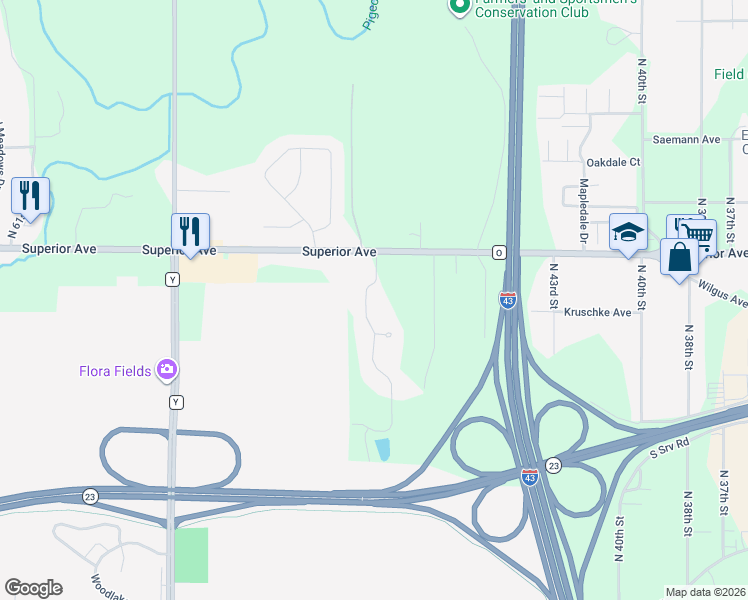 map of restaurants, bars, coffee shops, grocery stores, and more near 1327 North 49th Street in Sheboygan