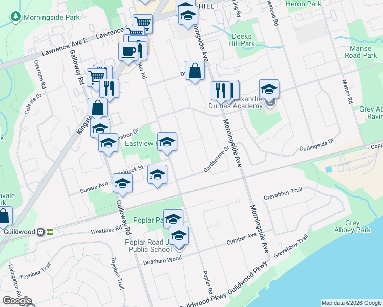 map of restaurants, bars, coffee shops, grocery stores, and more near 75B Kitchener Road in Toronto