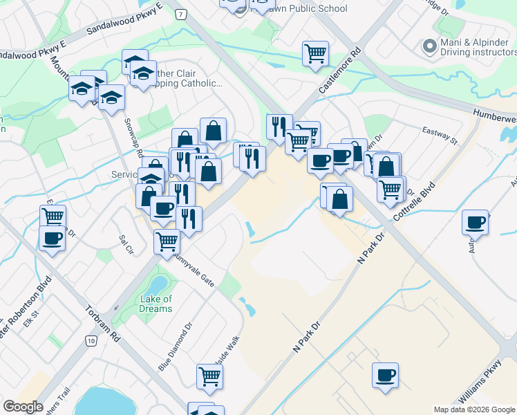 map of restaurants, bars, coffee shops, grocery stores, and more near 2959 Bovaird Drive East in Brampton