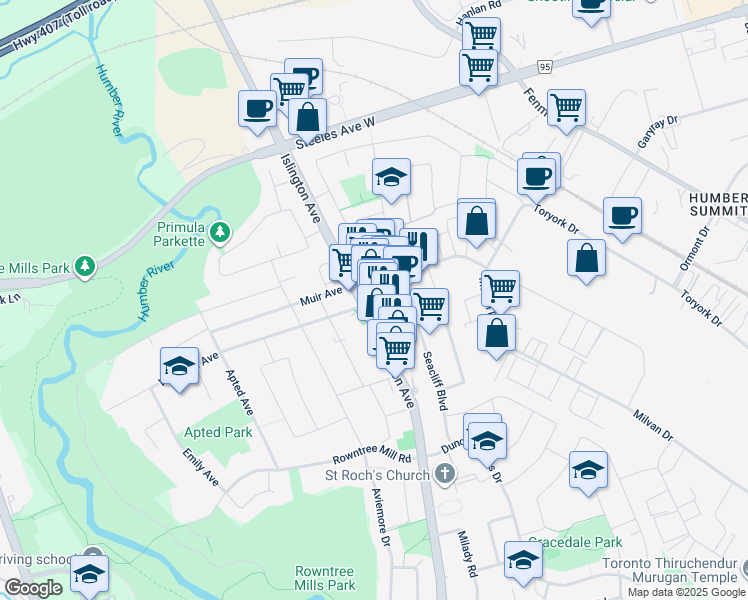 map of restaurants, bars, coffee shops, grocery stores, and more near 3005 Islington Avenue in Toronto