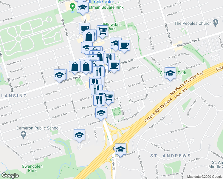 map of restaurants, bars, coffee shops, grocery stores, and more near 32 Glendora Avenue in Toronto