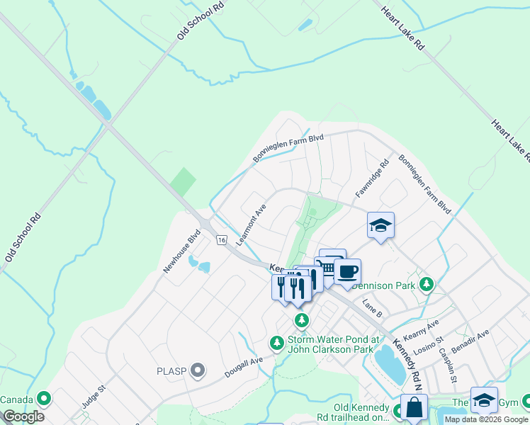 map of restaurants, bars, coffee shops, grocery stores, and more near 214 Learmont Avenue in Regional Municipality of Peel
