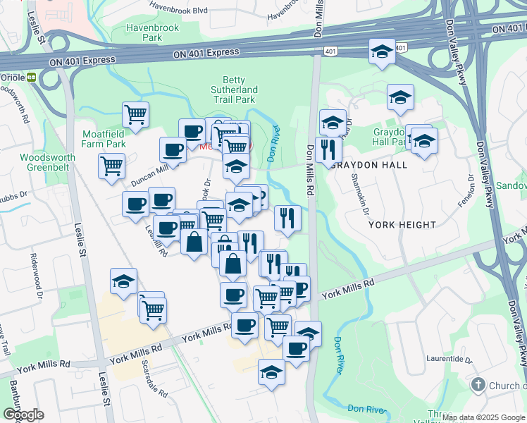 map of restaurants, bars, coffee shops, grocery stores, and more near 105 Moatfield Drive in Toronto