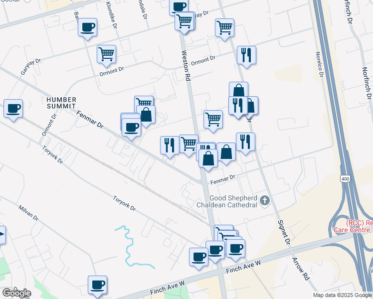 map of restaurants, bars, coffee shops, grocery stores, and more near in Toronto