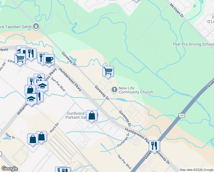 map of restaurants, bars, coffee shops, grocery stores, and more near 3 Dayspring Circle in Brampton