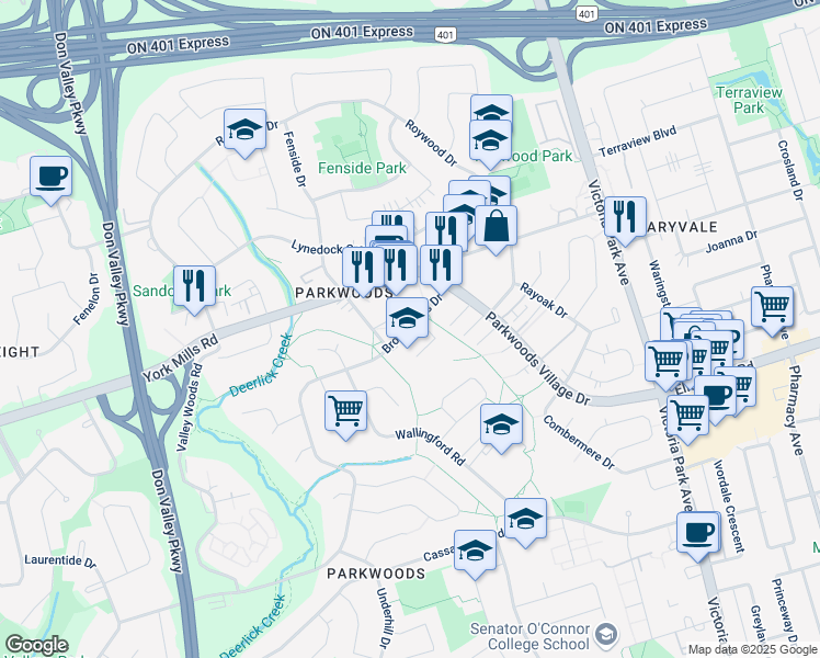 map of restaurants, bars, coffee shops, grocery stores, and more near 235 Brookbanks Drive in Toronto