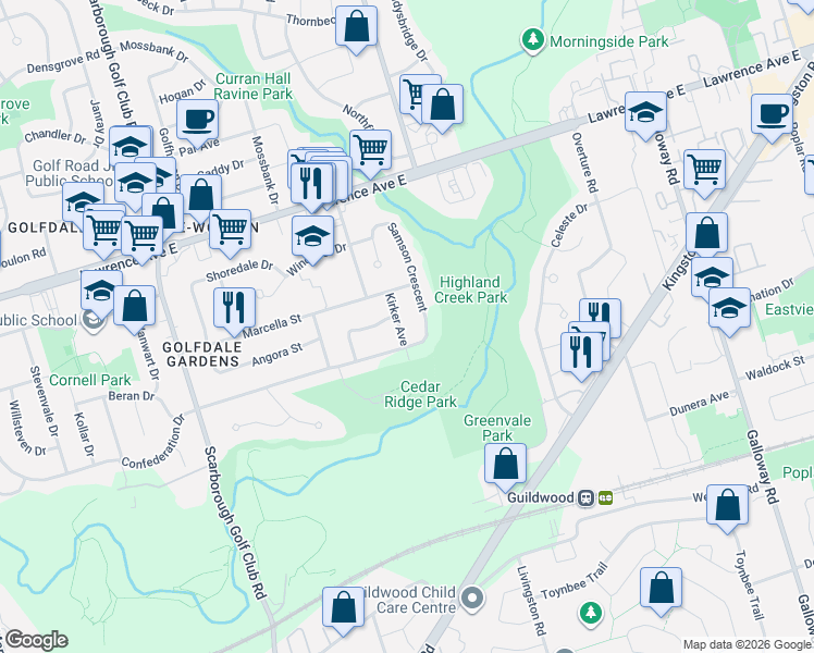 map of restaurants, bars, coffee shops, grocery stores, and more near 107 Kirker Avenue in Toronto