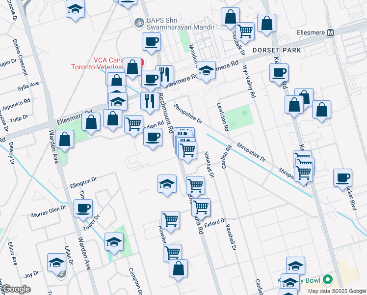map of restaurants, bars, coffee shops, grocery stores, and more near 1525 Birchmount Road in Toronto
