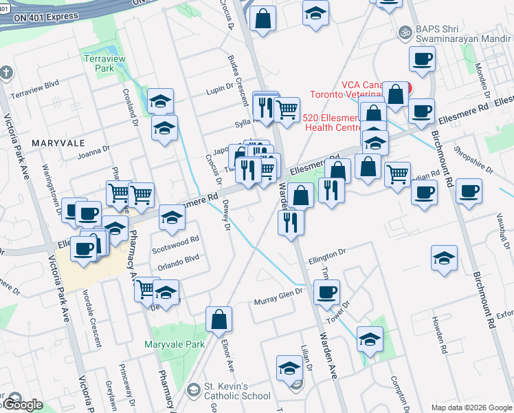 map of restaurants, bars, coffee shops, grocery stores, and more near 27 Dalecliff Crescent in Toronto