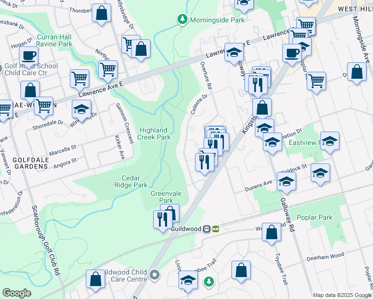 map of restaurants, bars, coffee shops, grocery stores, and more near 67 Celeste Drive in Toronto