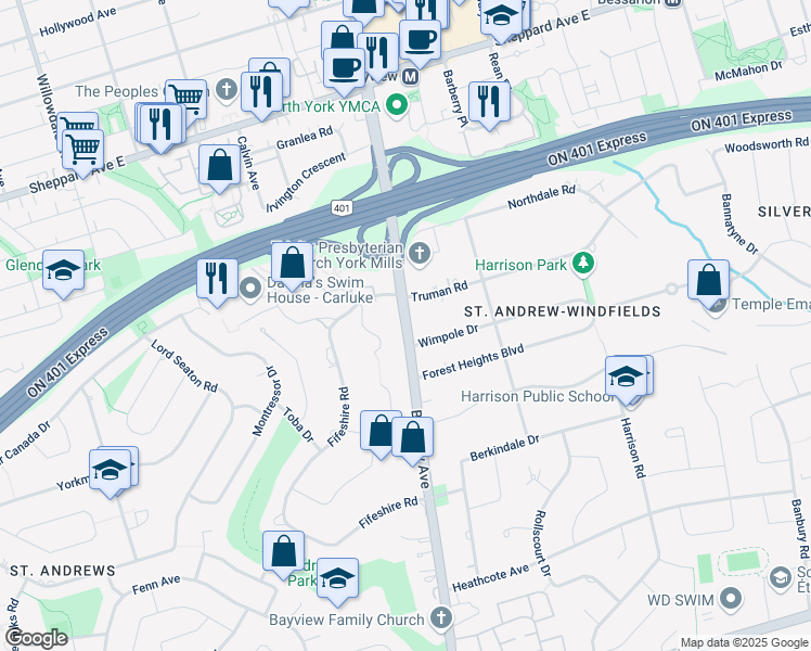map of restaurants, bars, coffee shops, grocery stores, and more near in Toronto