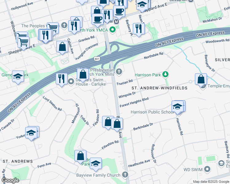 map of restaurants, bars, coffee shops, grocery stores, and more near 8 Wimpole Drive in Toronto