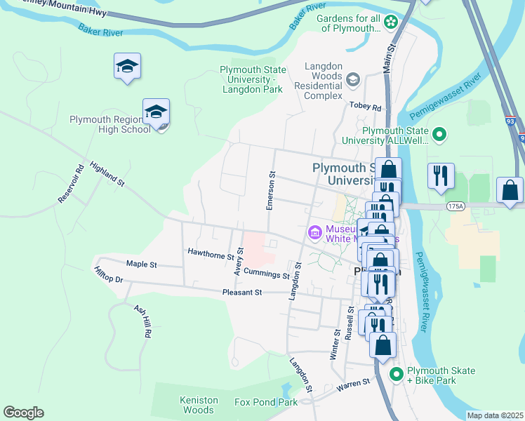 map of restaurants, bars, coffee shops, grocery stores, and more near 8 Emerson Street in Plymouth
