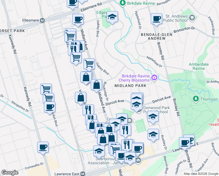 map of restaurants, bars, coffee shops, grocery stores, and more near 10 Arlene Crescent in Toronto