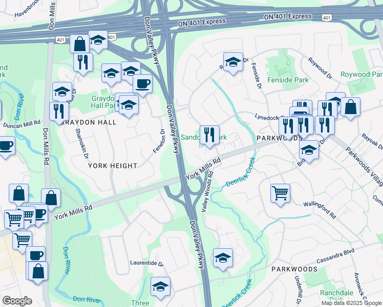 map of restaurants, bars, coffee shops, grocery stores, and more near 1200 York Mills Road in Toronto