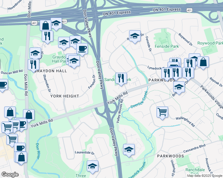 map of restaurants, bars, coffee shops, grocery stores, and more near 1202 York Mills Road in Toronto