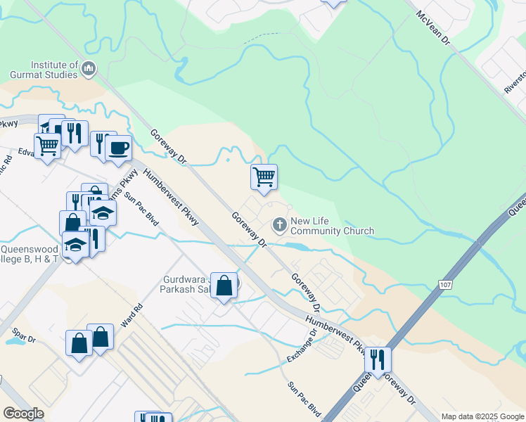 map of restaurants, bars, coffee shops, grocery stores, and more near 3 Dayspring Circle in Brampton