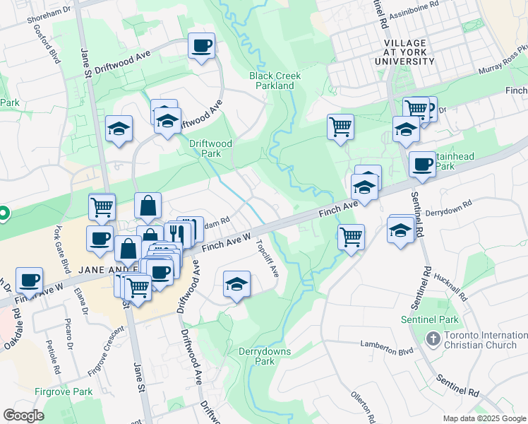 map of restaurants, bars, coffee shops, grocery stores, and more near in Toronto