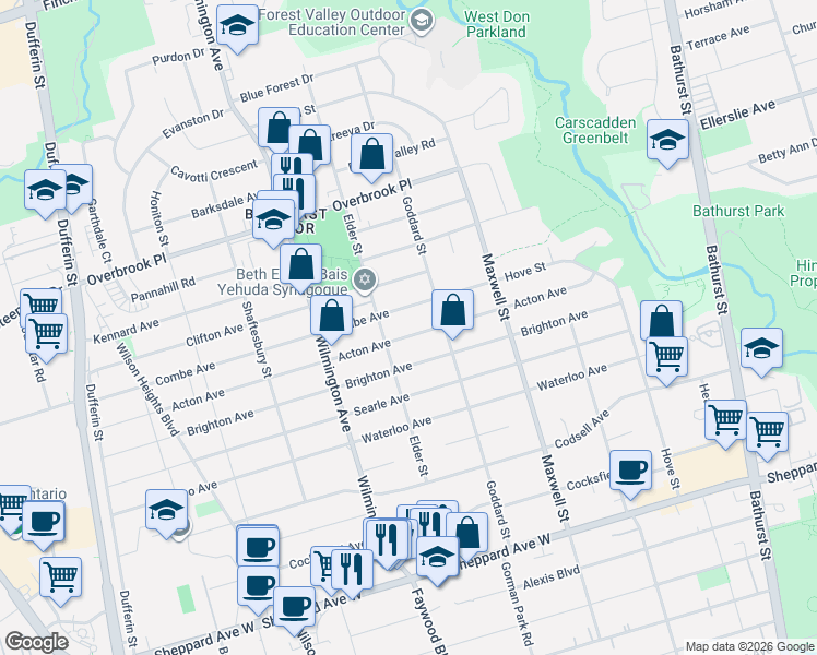 map of restaurants, bars, coffee shops, grocery stores, and more near 78 Acton Avenue in Toronto