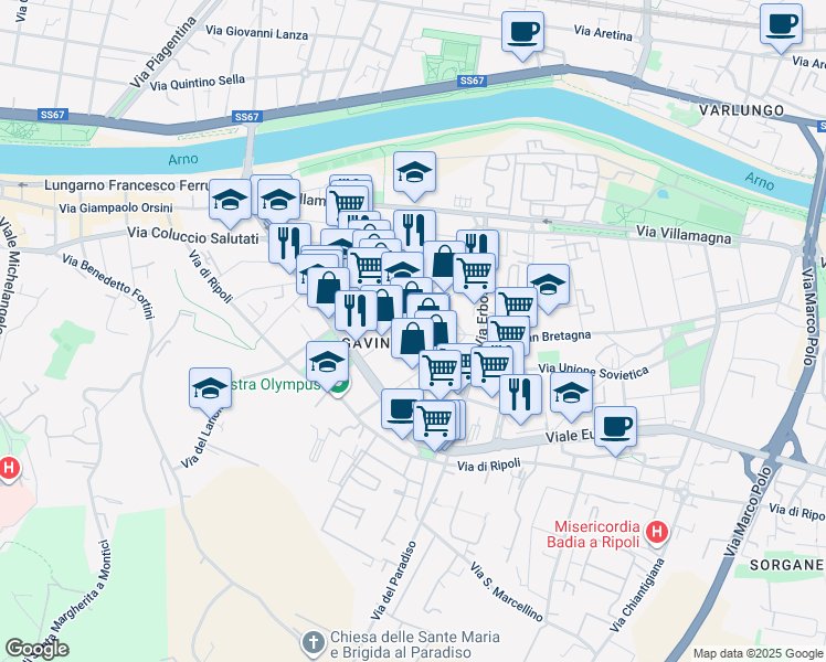 map of restaurants, bars, coffee shops, grocery stores, and more near 49 Via del Bandino in Florence
