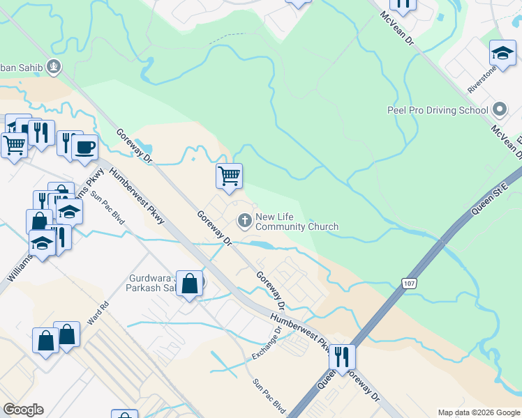 map of restaurants, bars, coffee shops, grocery stores, and more near 10 Dayspring Circle in Brampton