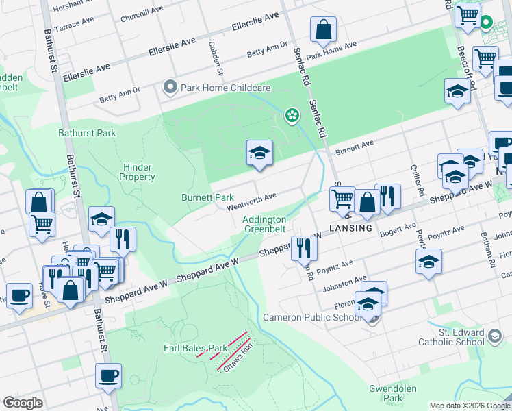 map of restaurants, bars, coffee shops, grocery stores, and more near 41 Wentworth Avenue in Toronto