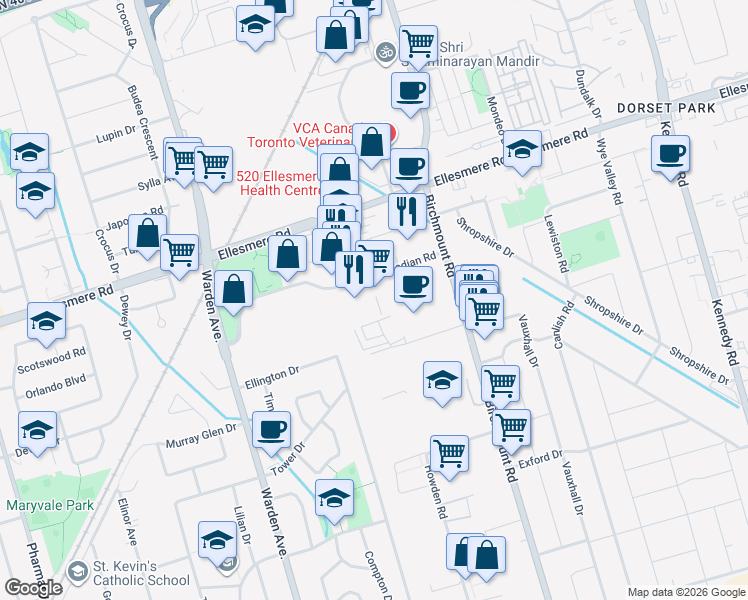 map of restaurants, bars, coffee shops, grocery stores, and more near 21 Canadian Road in Toronto