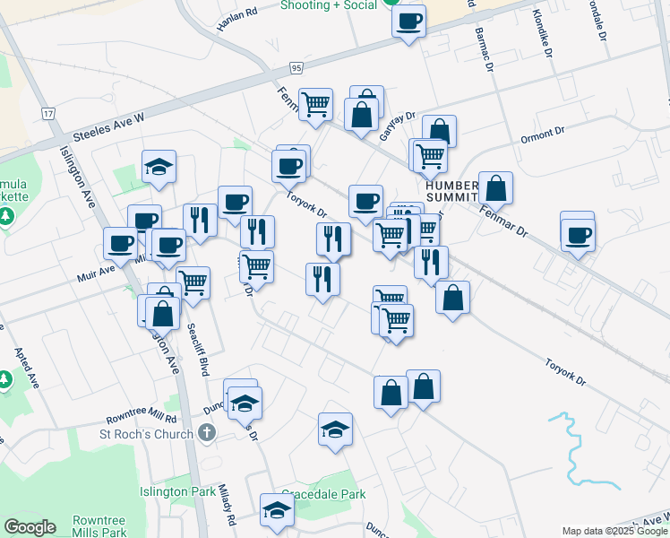 map of restaurants, bars, coffee shops, grocery stores, and more near 68 Millwick Drive in Toronto