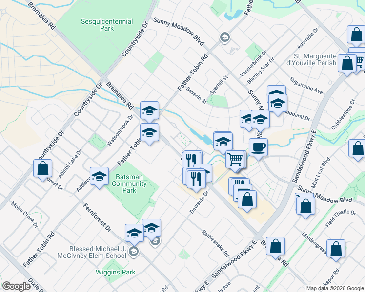 map of restaurants, bars, coffee shops, grocery stores, and more near 45 Peach Drive in Brampton