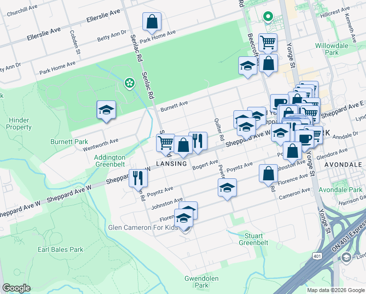 map of restaurants, bars, coffee shops, grocery stores, and more near 209 Harlandale Avenue in Toronto