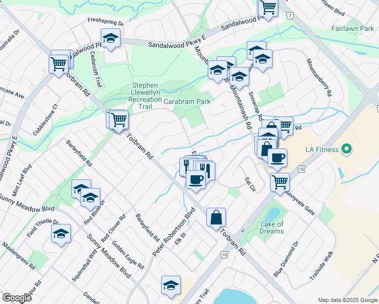 map of restaurants, bars, coffee shops, grocery stores, and more near 36 Eagleridge Drive in Brampton