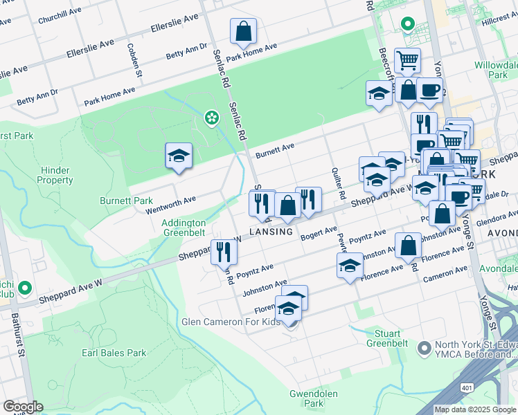 map of restaurants, bars, coffee shops, grocery stores, and more near in Toronto