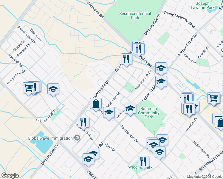 map of restaurants, bars, coffee shops, grocery stores, and more near in Brampton