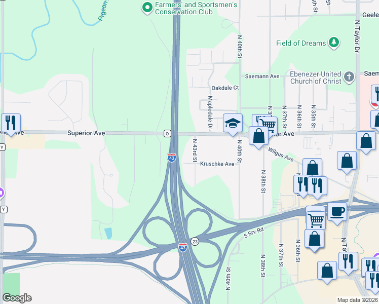 map of restaurants, bars, coffee shops, grocery stores, and more near 4302 Kruschke Avenue in Sheboygan