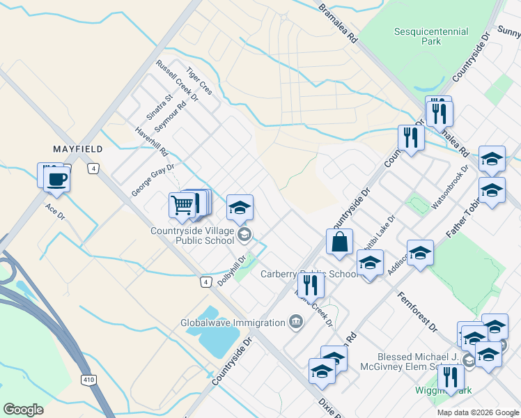 map of restaurants, bars, coffee shops, grocery stores, and more near in Brampton