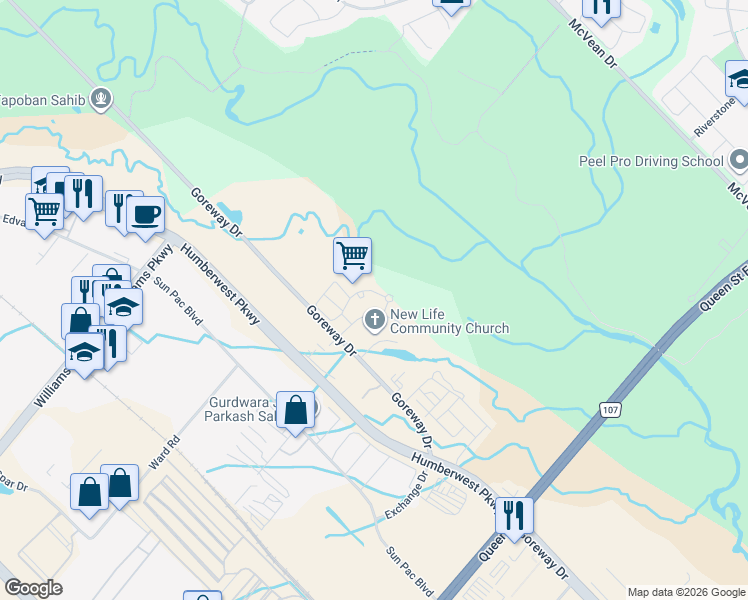 map of restaurants, bars, coffee shops, grocery stores, and more near 7 Dayspring Circle in Brampton