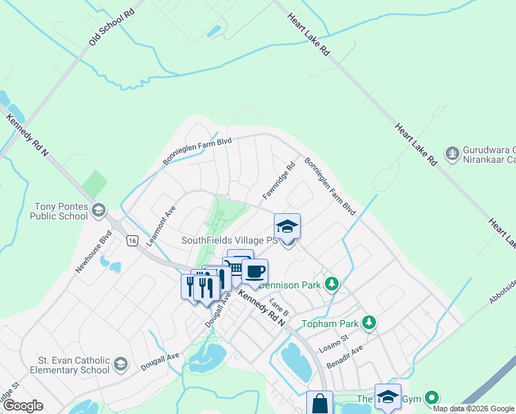 map of restaurants, bars, coffee shops, grocery stores, and more near 44 Fawnridge Road in Regional Municipality of Peel
