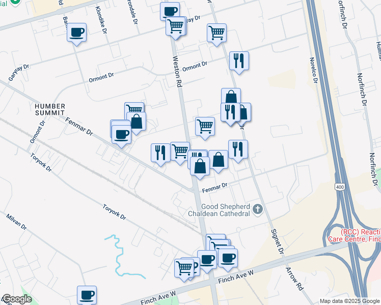 map of restaurants, bars, coffee shops, grocery stores, and more near Weston Road in Toronto