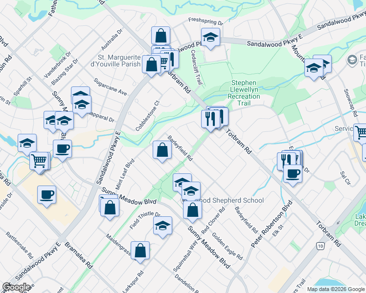 map of restaurants, bars, coffee shops, grocery stores, and more near 127 Barleyfield Road in Brampton