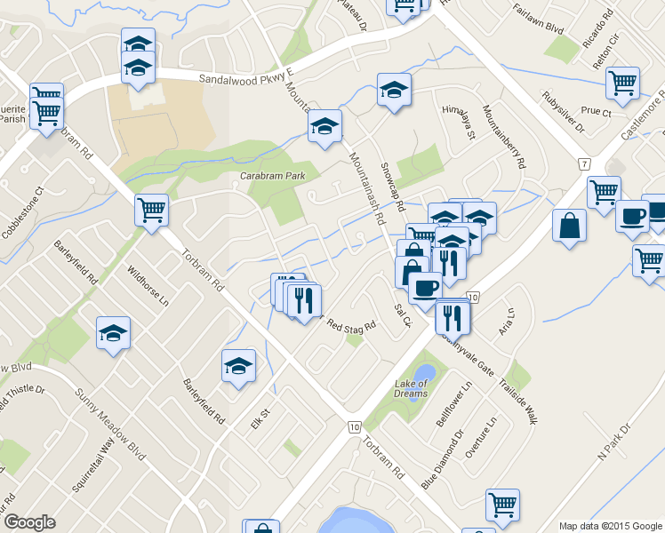 map of restaurants, bars, coffee shops, grocery stores, and more near 94 Bighorn Crescent in Brampton