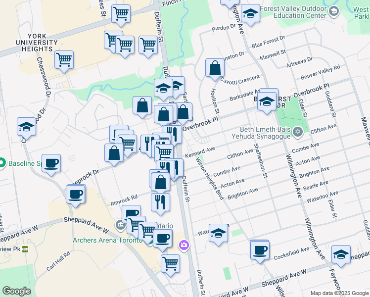 map of restaurants, bars, coffee shops, grocery stores, and more near 750 Wilson Heights Boulevard in Toronto