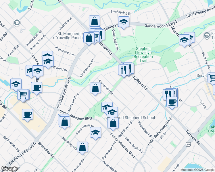 map of restaurants, bars, coffee shops, grocery stores, and more near 47 Wild Indigo Crescent in Brampton