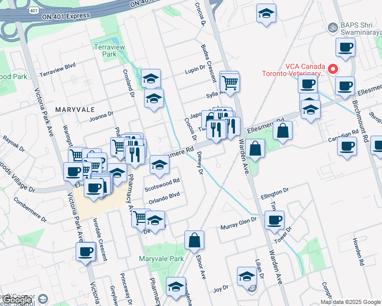 map of restaurants, bars, coffee shops, grocery stores, and more near 183 Ellesmere Road in Toronto