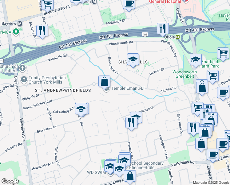 map of restaurants, bars, coffee shops, grocery stores, and more near 8 Swansdown Drive in Toronto