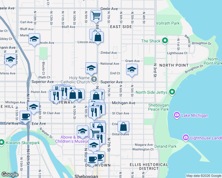 map of restaurants, bars, coffee shops, grocery stores, and more near 1331 North 7th Street in Sheboygan