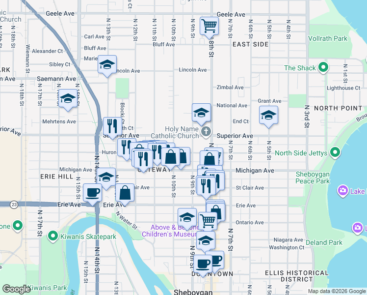 map of restaurants, bars, coffee shops, grocery stores, and more near 916 Huron Avenue in Sheboygan