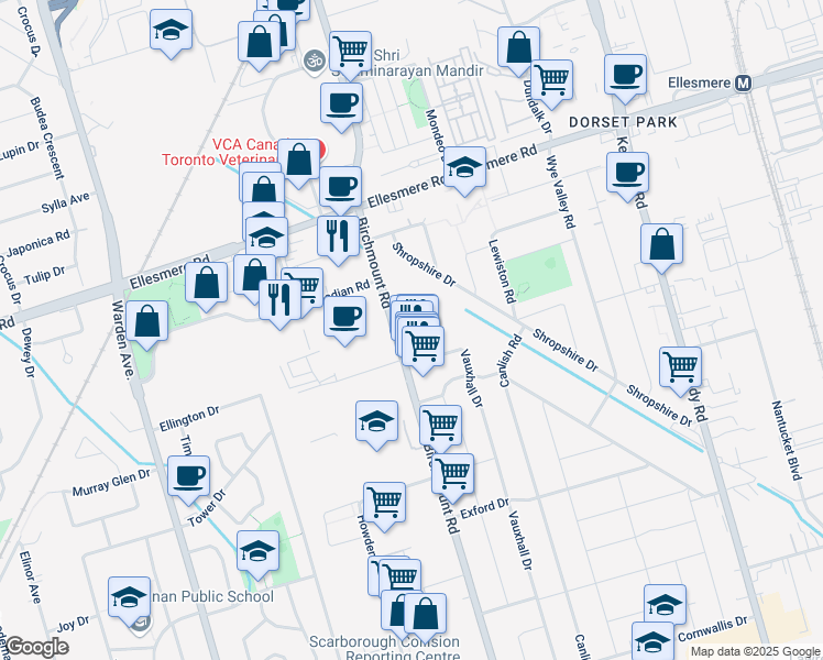 map of restaurants, bars, coffee shops, grocery stores, and more near 1535 Birchmount Road in Toronto